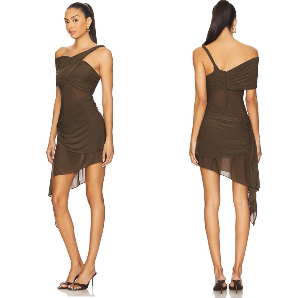 Ronny Kobo Izel Dress in Desert Chocolate Brown Draped Mesh Twist Mini Revolve - Picture 3 of 13